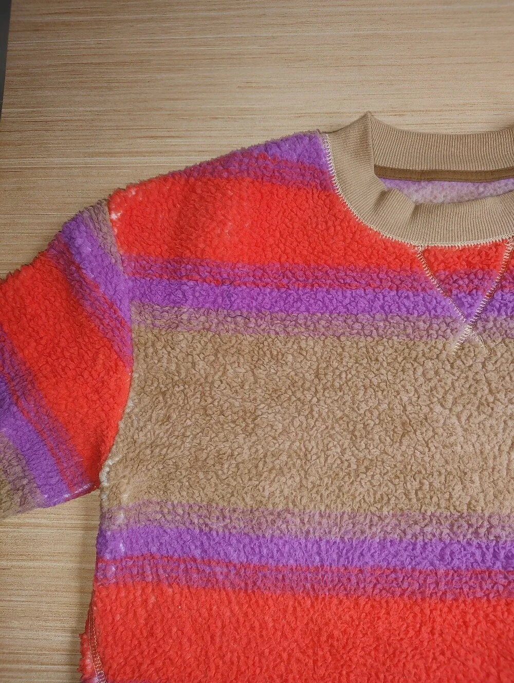 Koolaburra UGG Fuzzy Sherpa Pullover Sweatshirt Beige Orange Striped Sweater M P